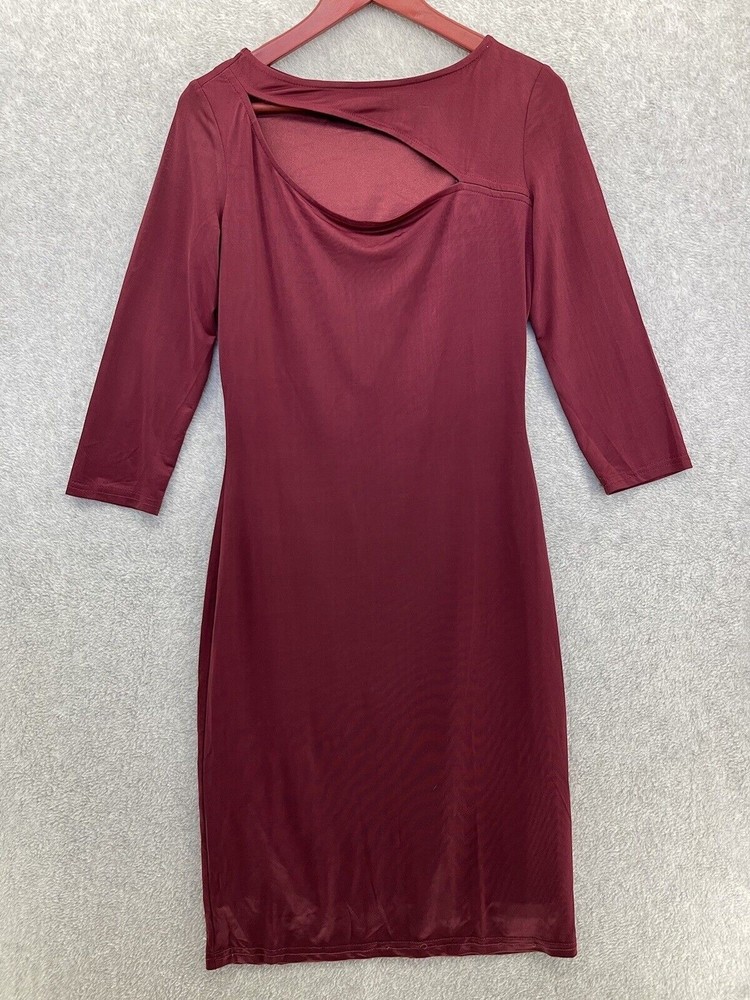 Ever-Pretty Solid Burgundy Cut out Chest Long Sleeve Dress Size 6